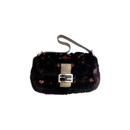 Fendi rabbit fur floral embroidery beaded baguette