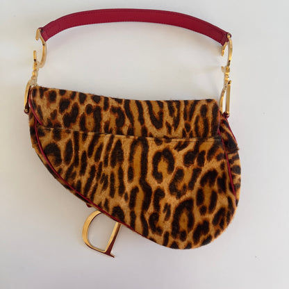 Vintage Christin Dior Pony Hair Leopard Saddle Bag Red