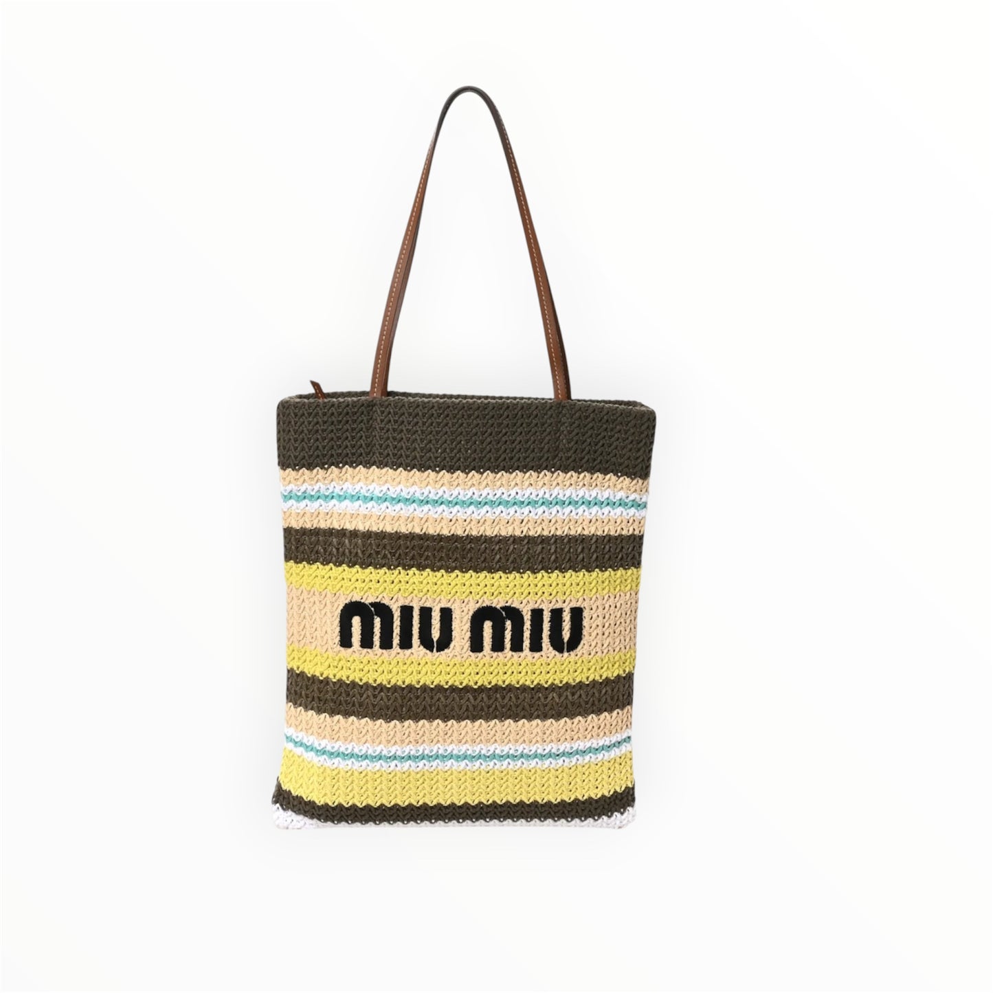 Miumiu Raffia Crochet Stripe Vertical Tote Bag Tundra Limone Natural