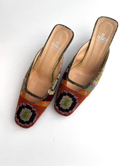 Vintage Fendi Boho Beaded Mule Heels
