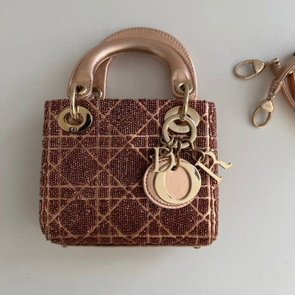 Dior Metallic Rose Beaded Cannage Micro Ladydior bag