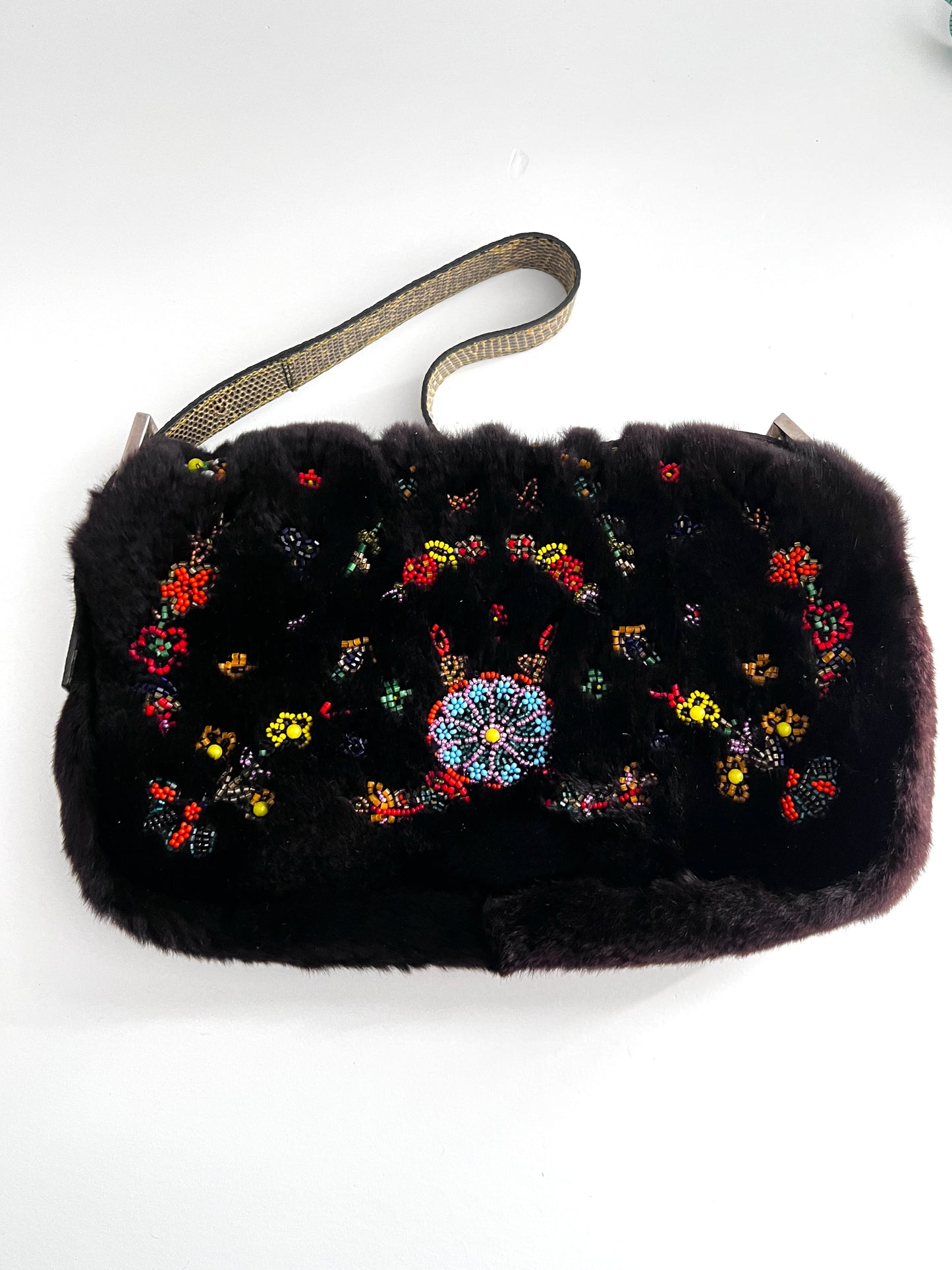 Fendi rabbit fur floral embroidery beaded baguette