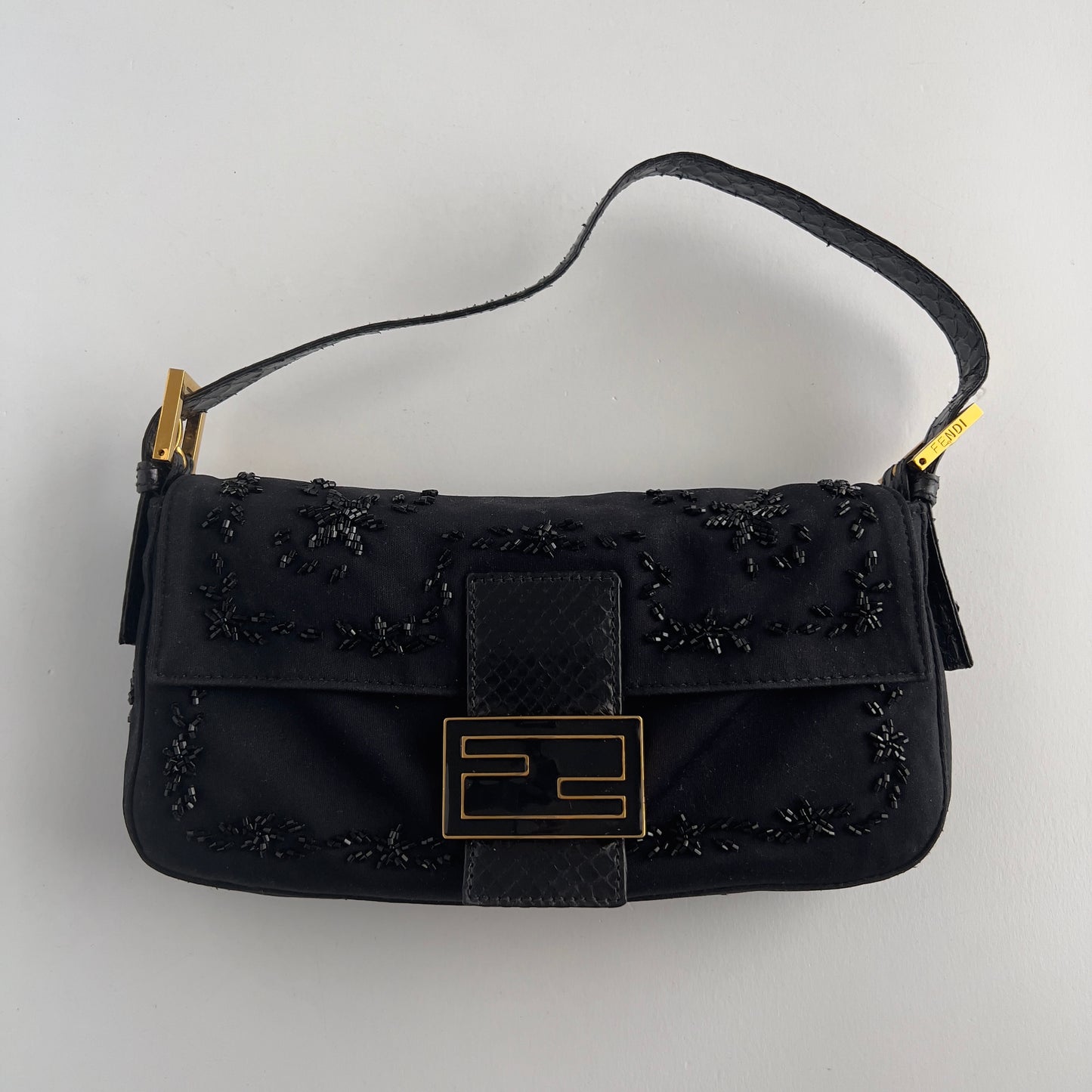 Vintage Fendi Black Embroidered Beads Cloth Baguette
