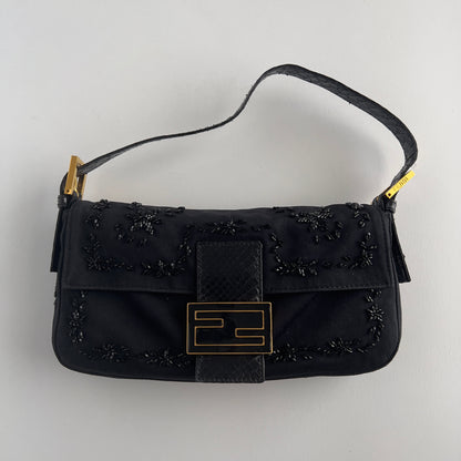 Vintage Fendi Black Embroidered Beads Cloth Baguette