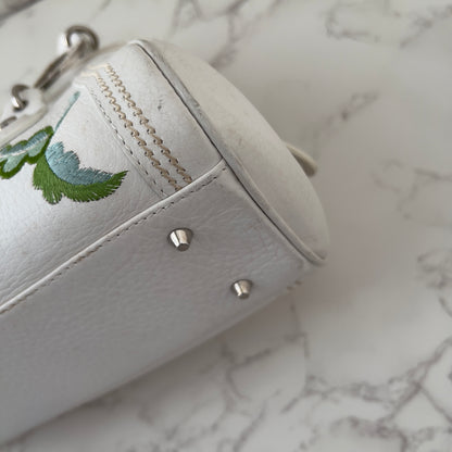 Vintage Christian Dior 2005 Floral Embroidered Detective Bowler Bag – White