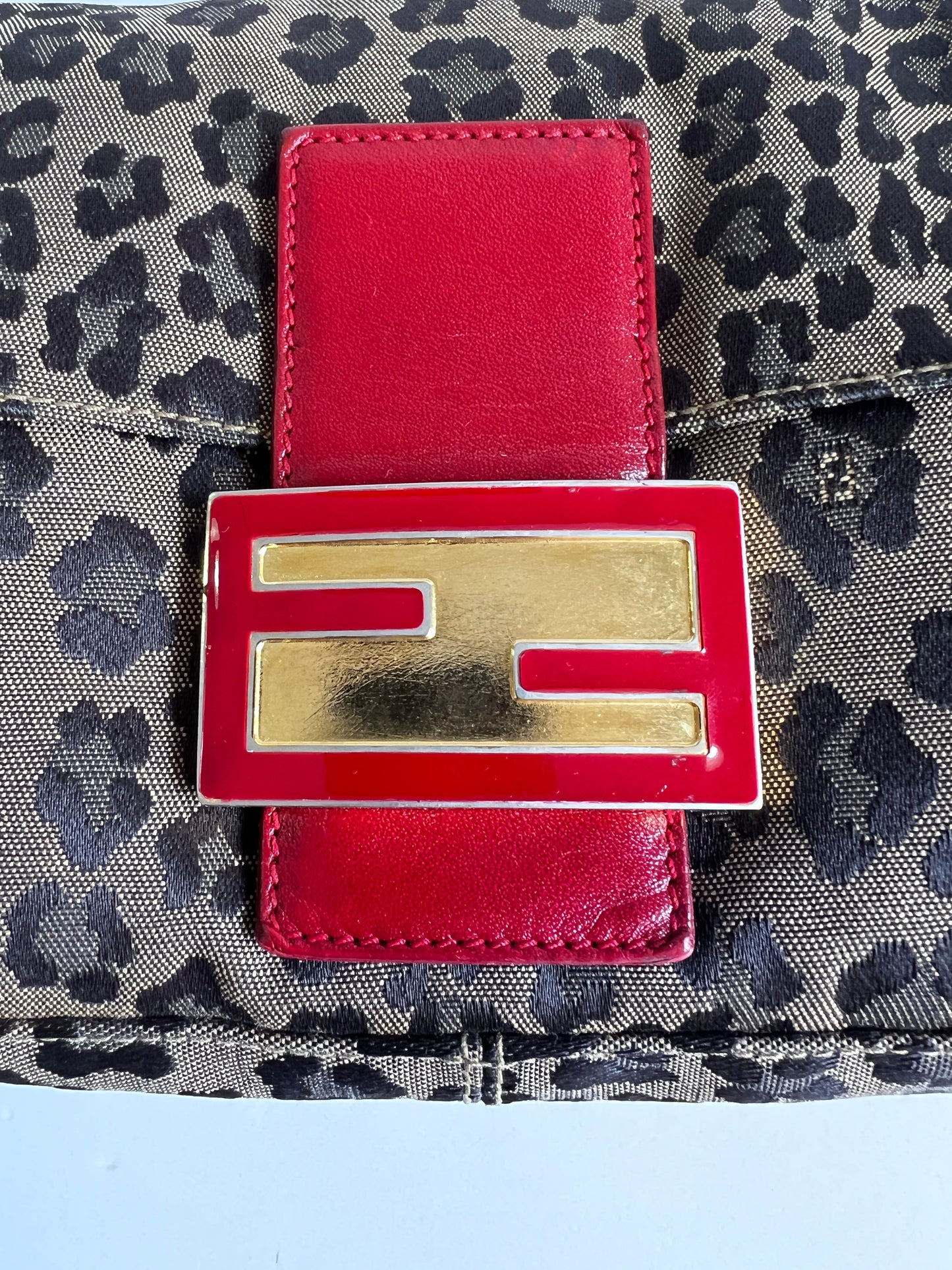 Vintage Fendi leopard canva enamel buckle baguette