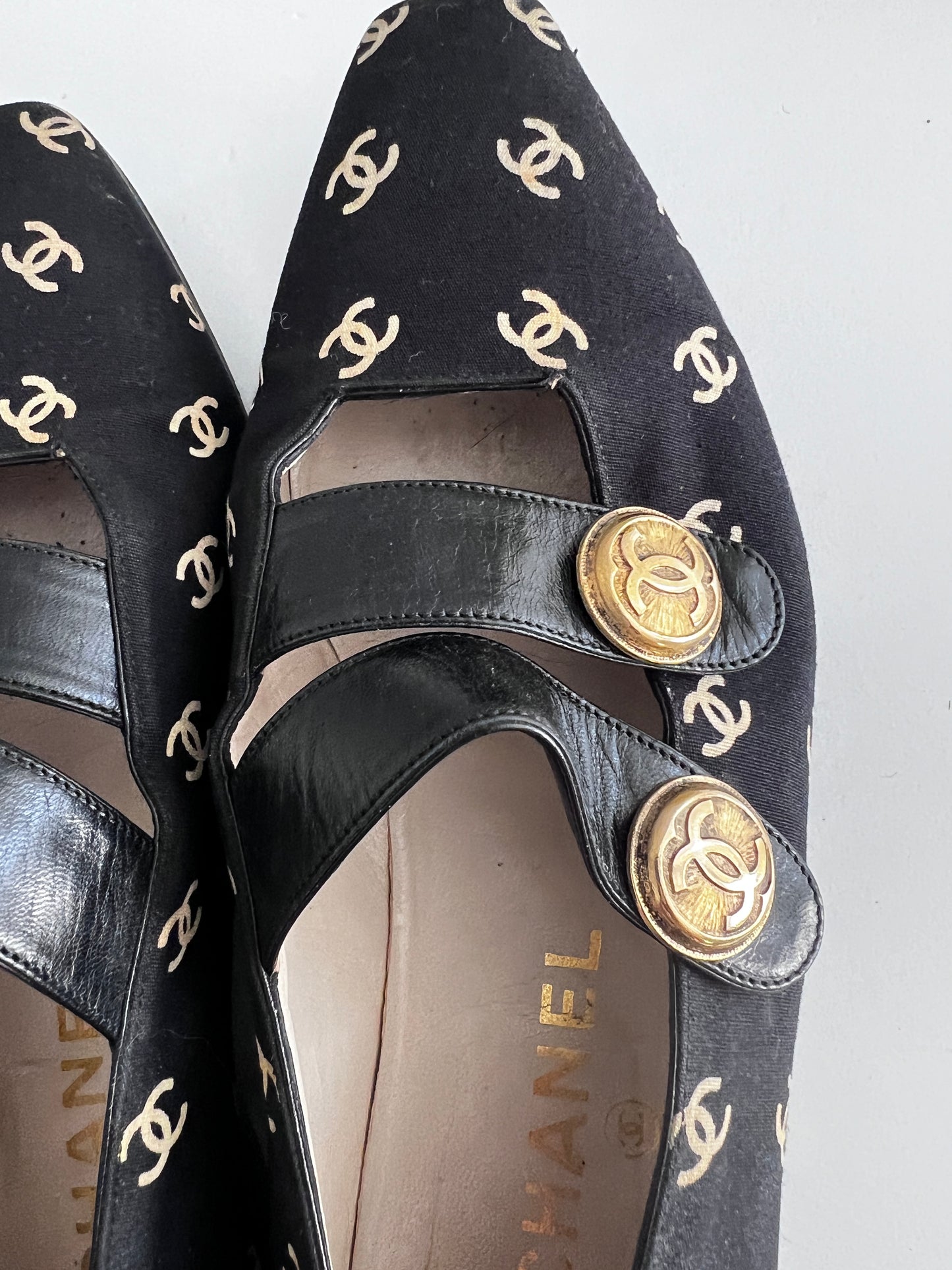 Vintage Chanel canvas logo flap shoes