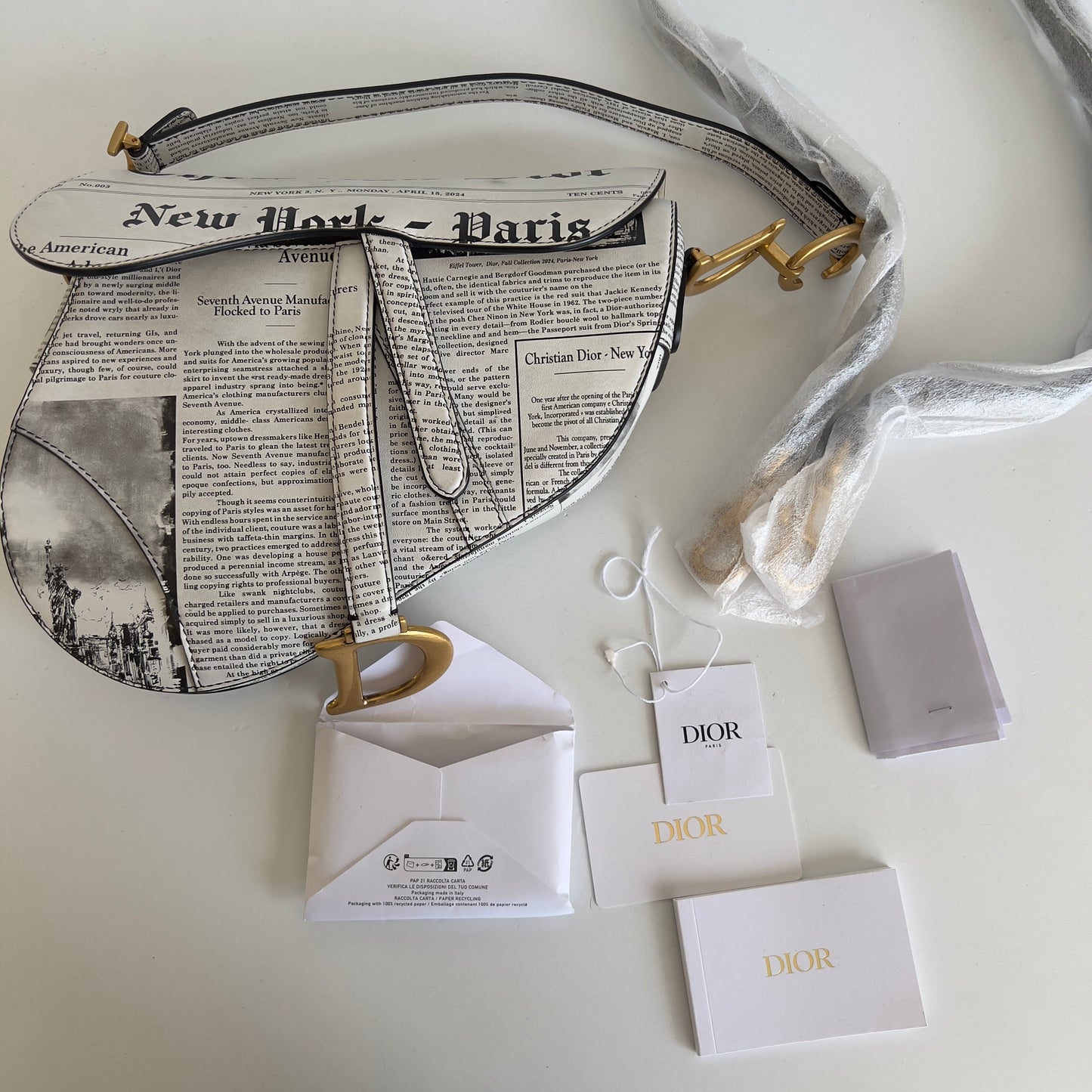CHRISTIAN DIOR Calfskin Newspaper Printed Saddle Bag With Strap Black White