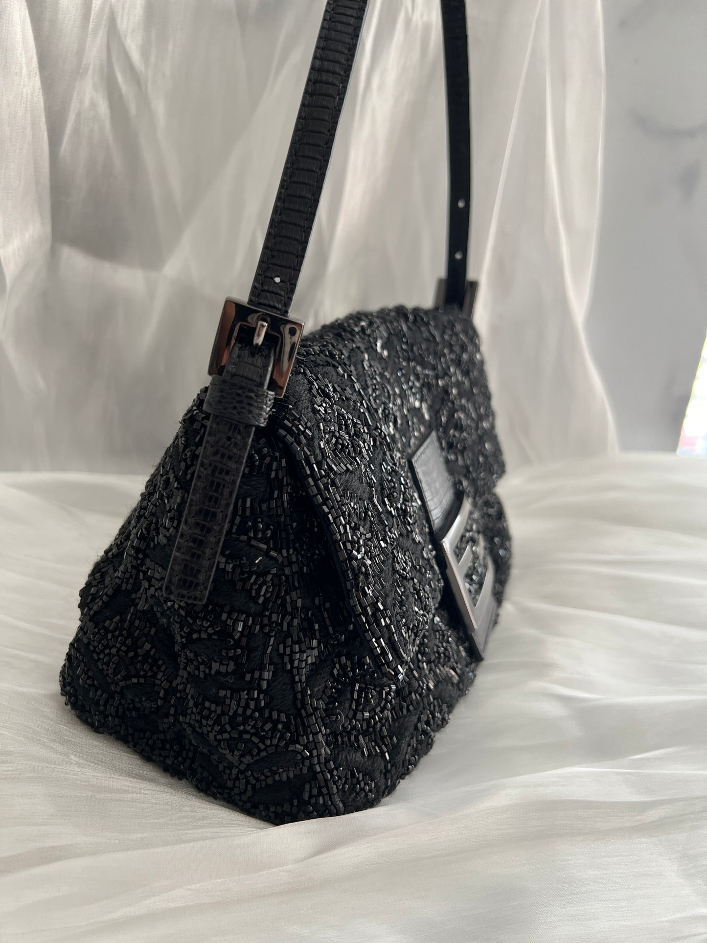 Fendi black rose pattern beaded mini mamma baguette