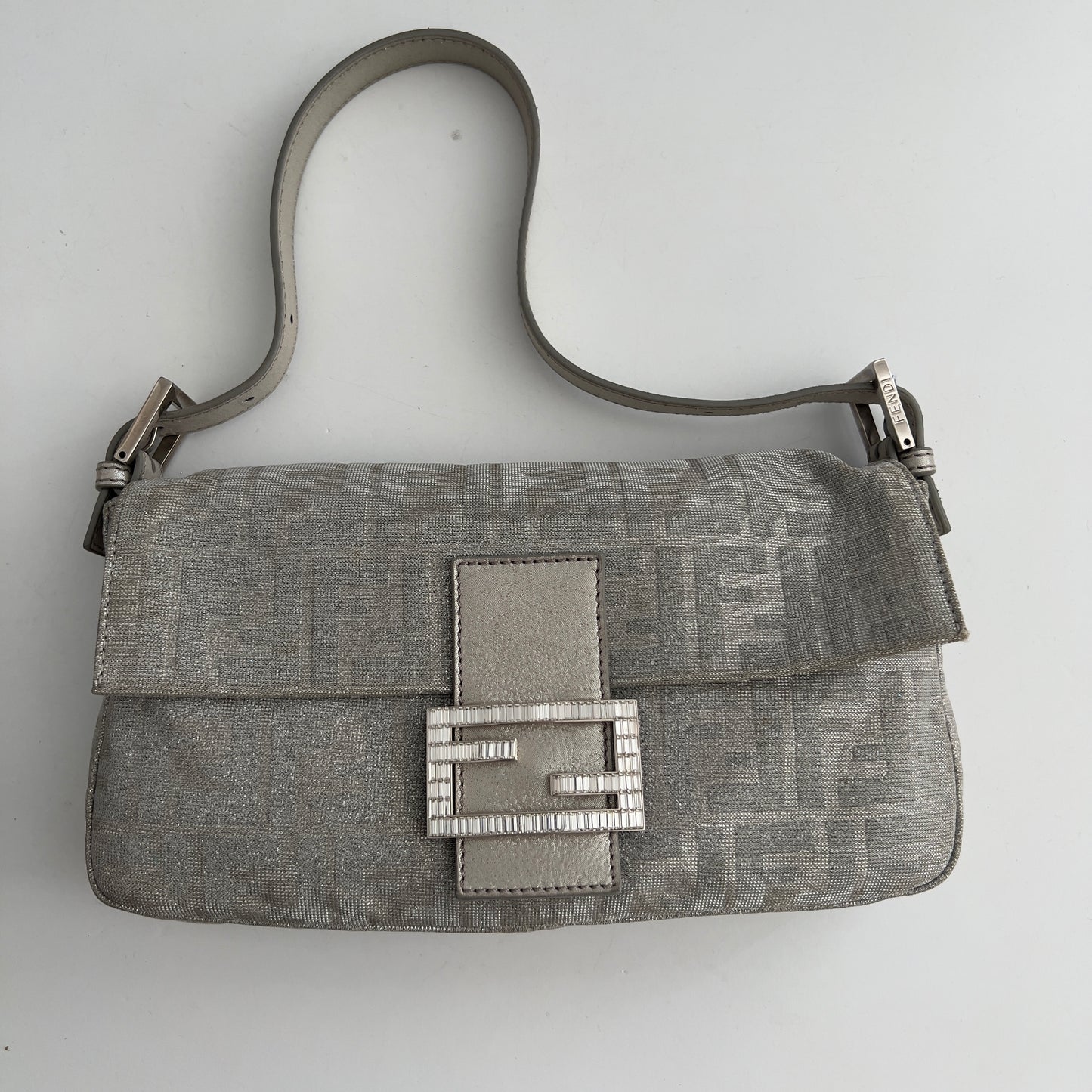 Fendi Metallic FF Silver Cloth Baguette