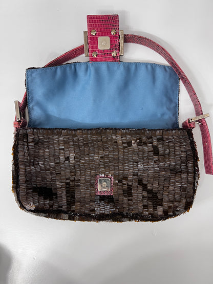 Fendi brown sequin blue stripe baguette