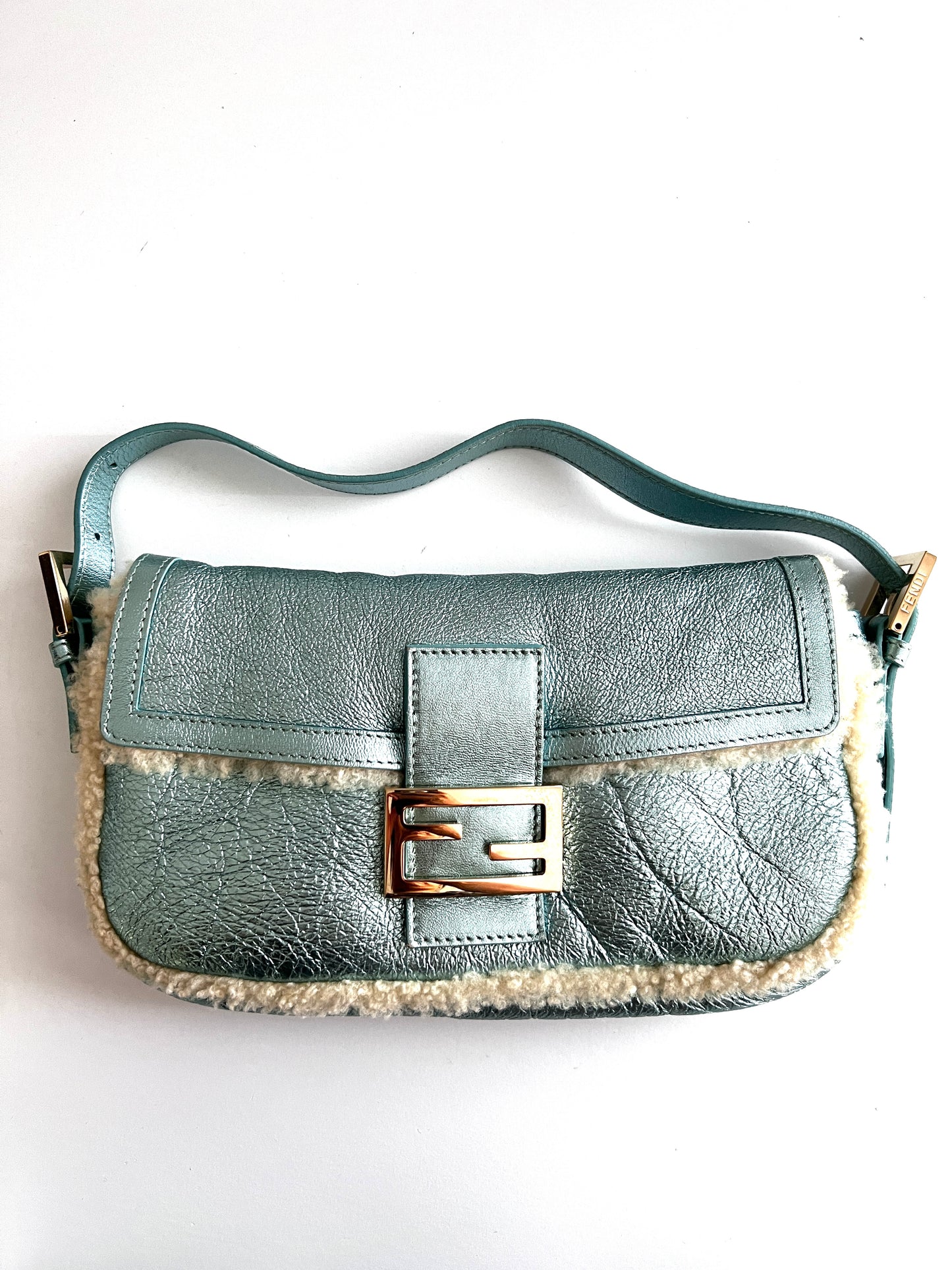 Fendi metallic ice blue shearing baguette