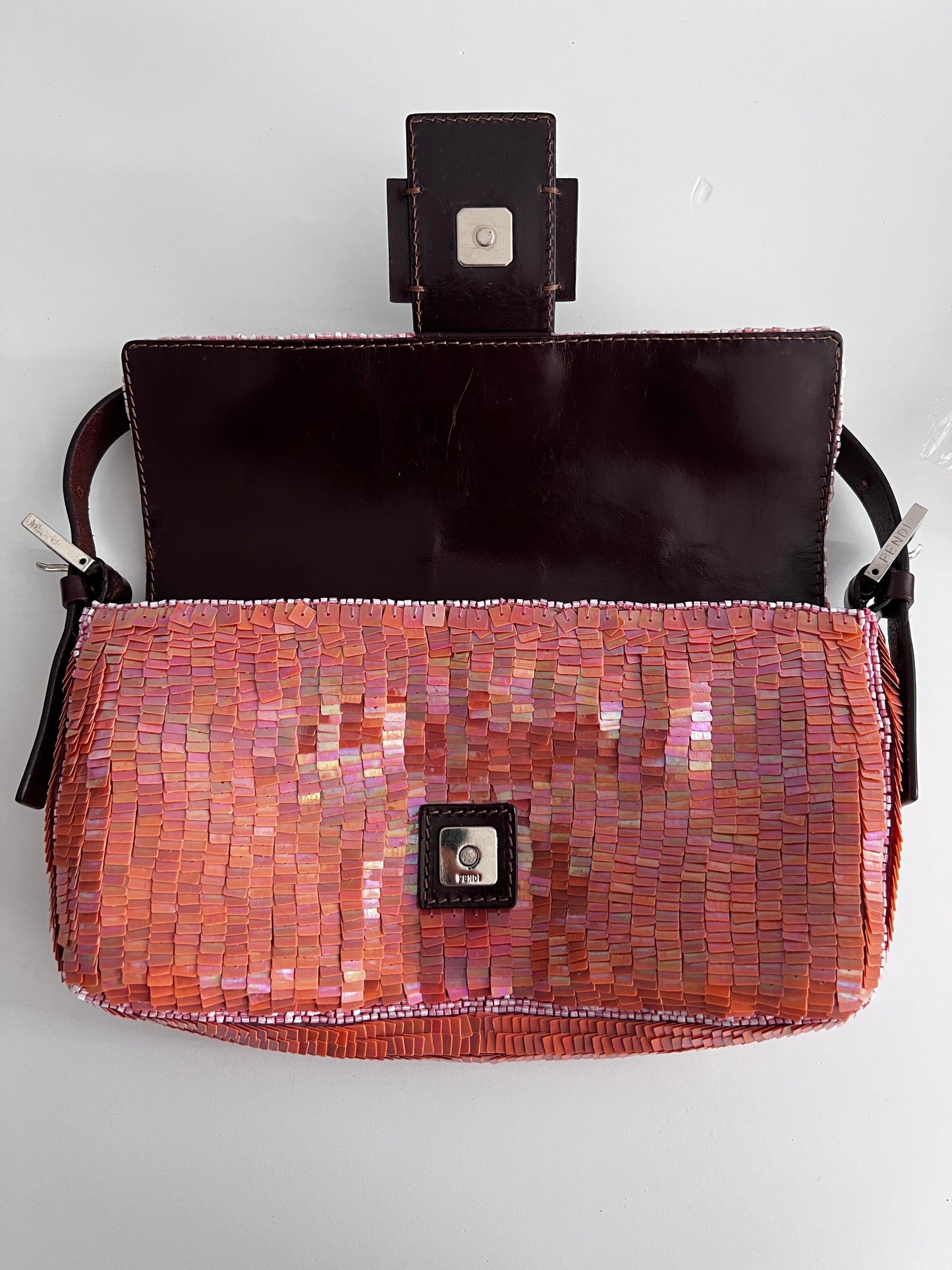 Vintage Fendi peach pink sequin baguette