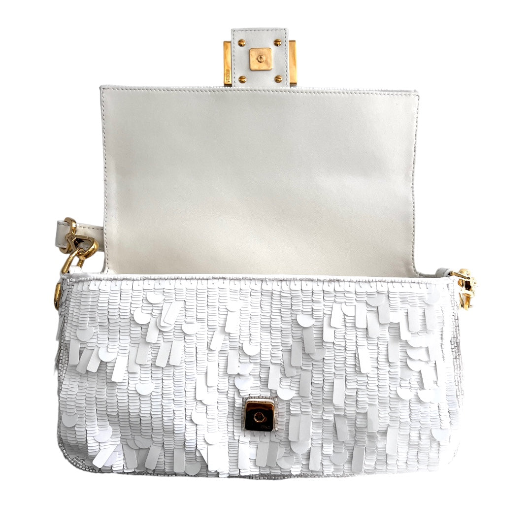 Iconic Fendi white sequin baguette