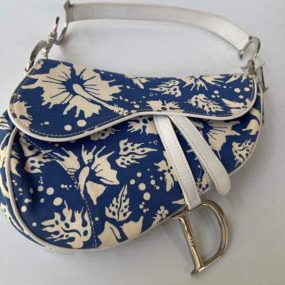 Vintage Christine Dior Canvas Surf Chic Saddle Bag Blue White