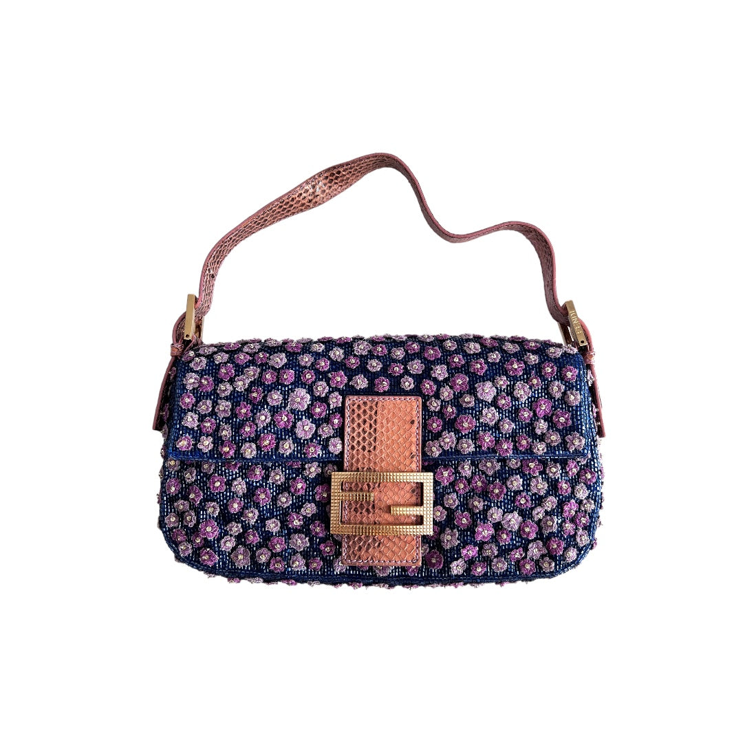 Fendi blue beaded with purple flowers rhinestone baguette