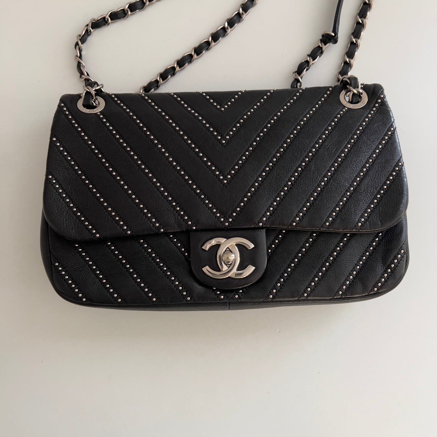Chanel Calfskin Studded Chevron Medium Stud Wars Flap Black