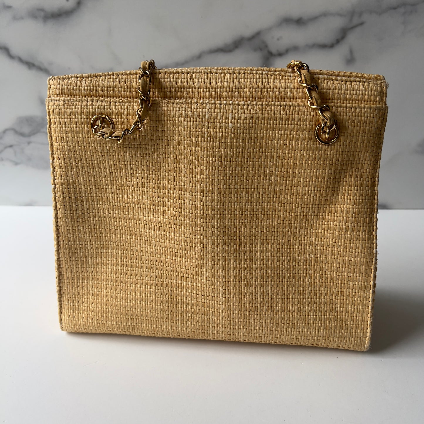 Vintage Chanel 90s CC Logo Chain Shoulder Bag Cream Gold Straw