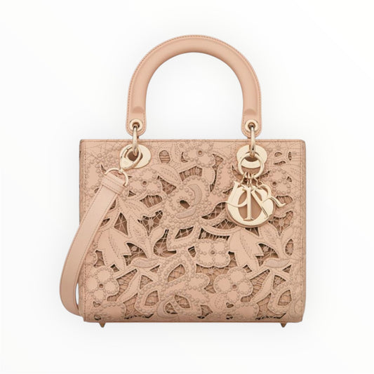 Dior Calfskin Medium Size Sand Pink Lace Ladydior Bag