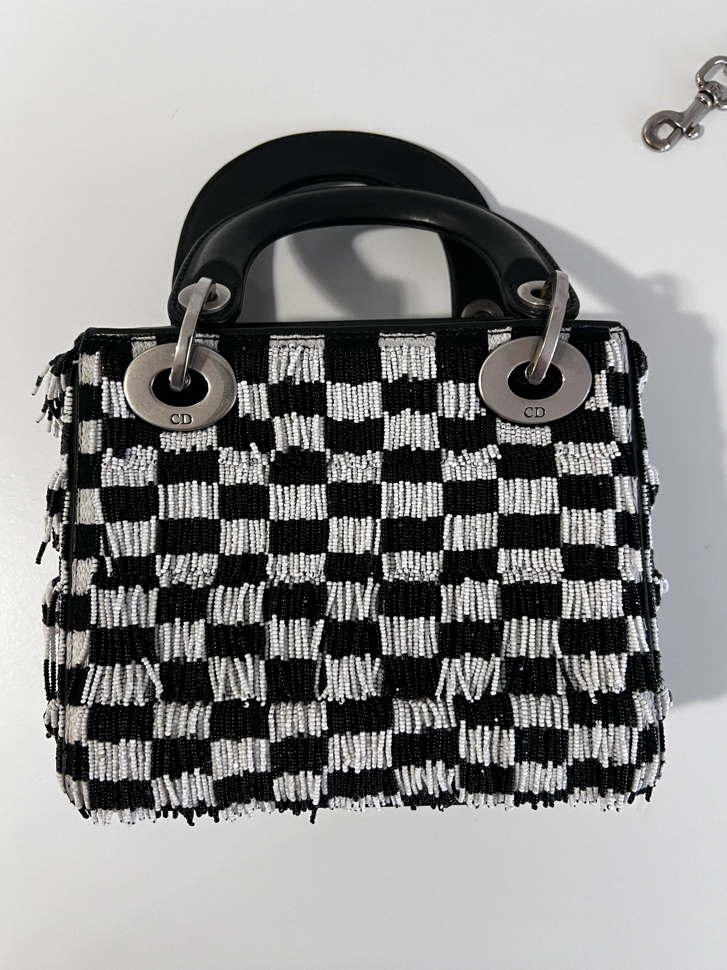 Dior fringe beaded black& white plaid lady dior bag