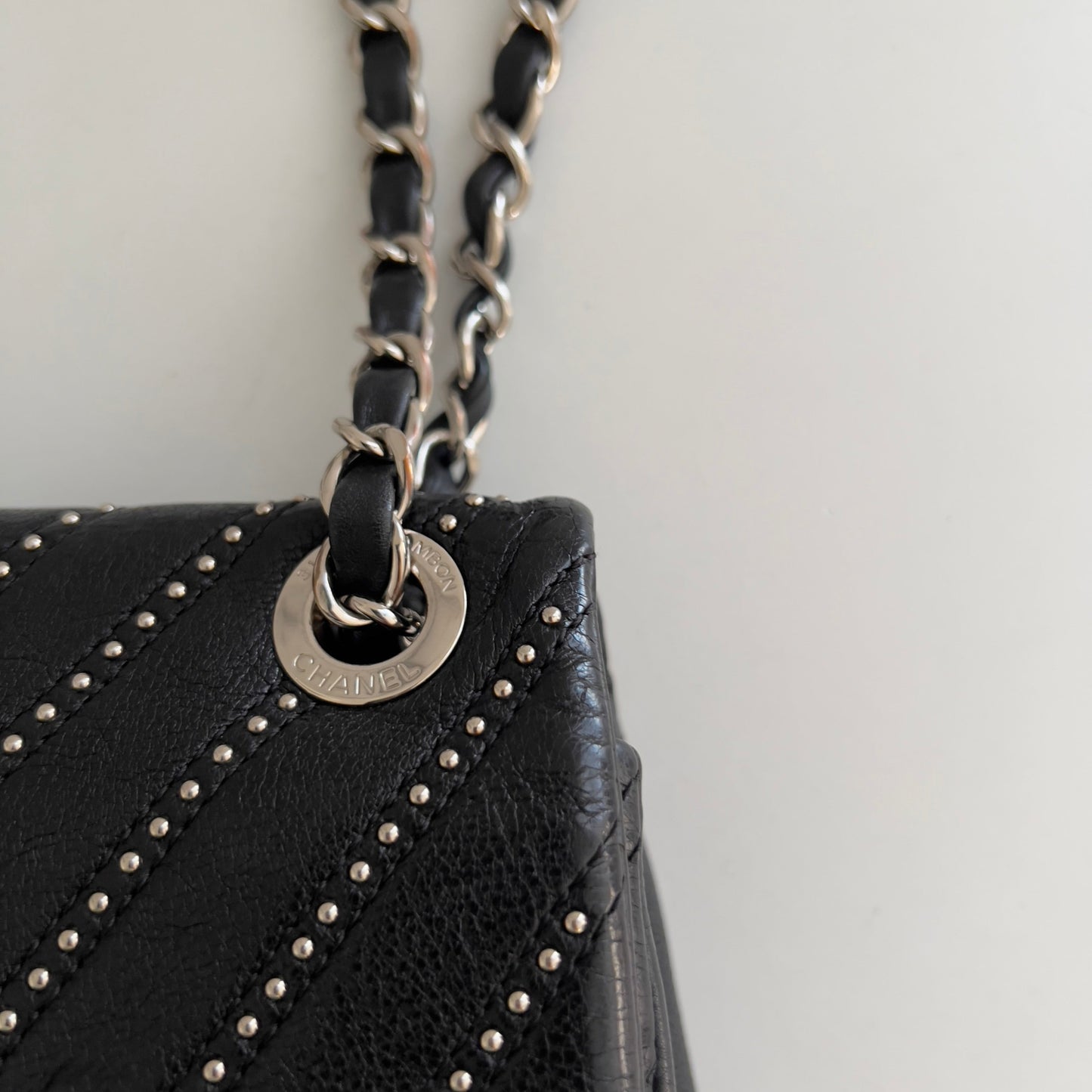 Chanel Calfskin Studded Chevron Medium Stud Wars Flap Black