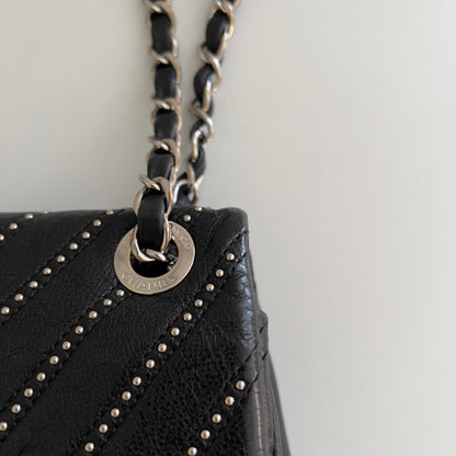 Chanel Calfskin Studded Chevron Medium Stud Wars Flap Black