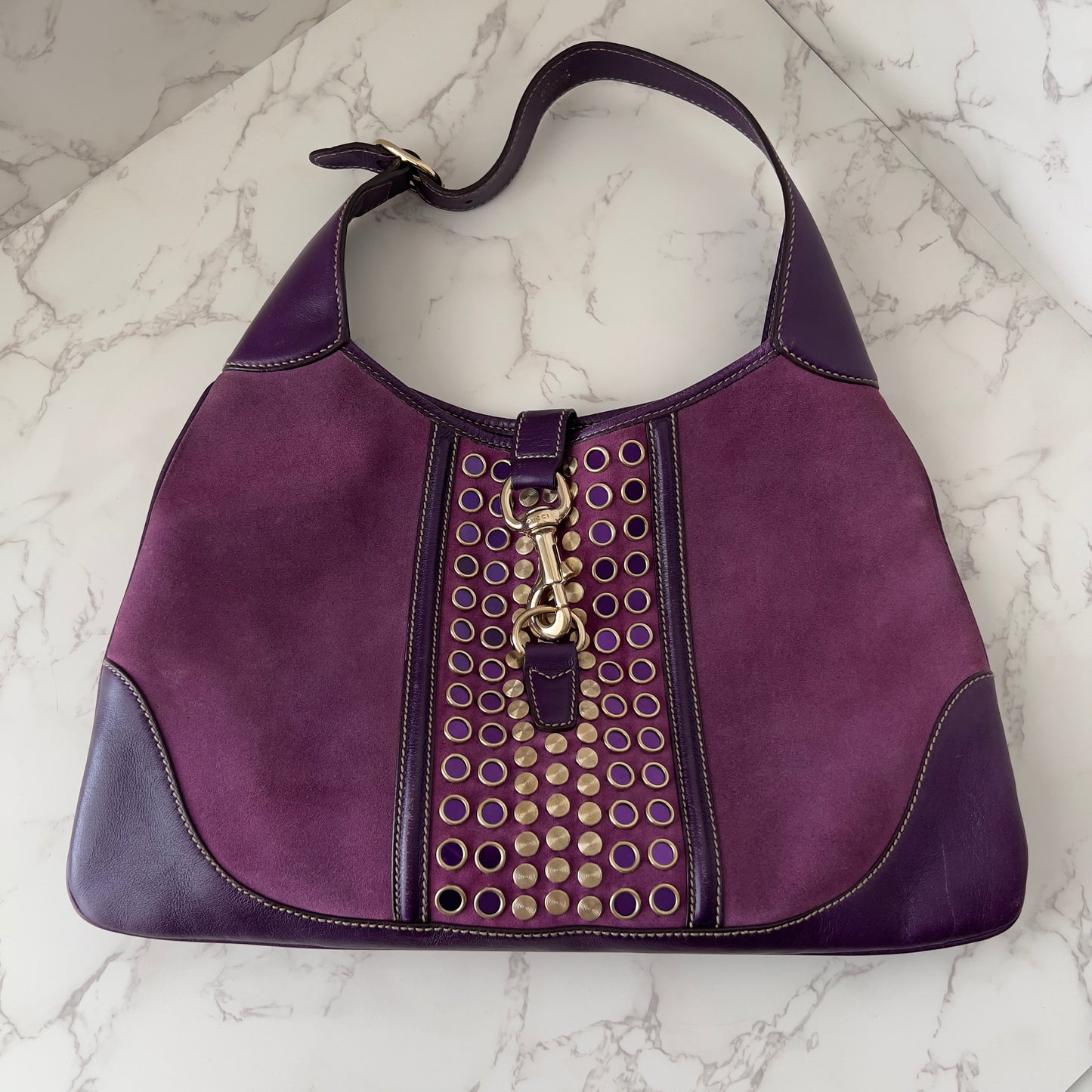 Vintage Gucci Suede Studded Jackie O Bouvier Hobo Purple