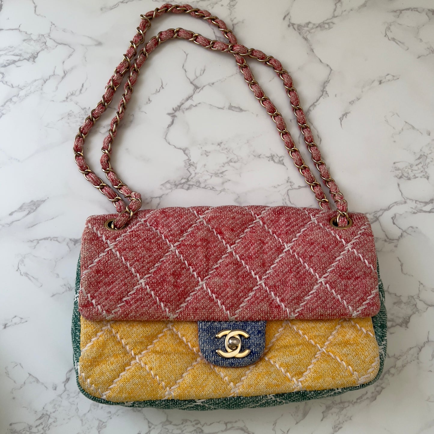 CHANEL Jersey Quilted Fabrics and Co Flap Multicolor Medium Size