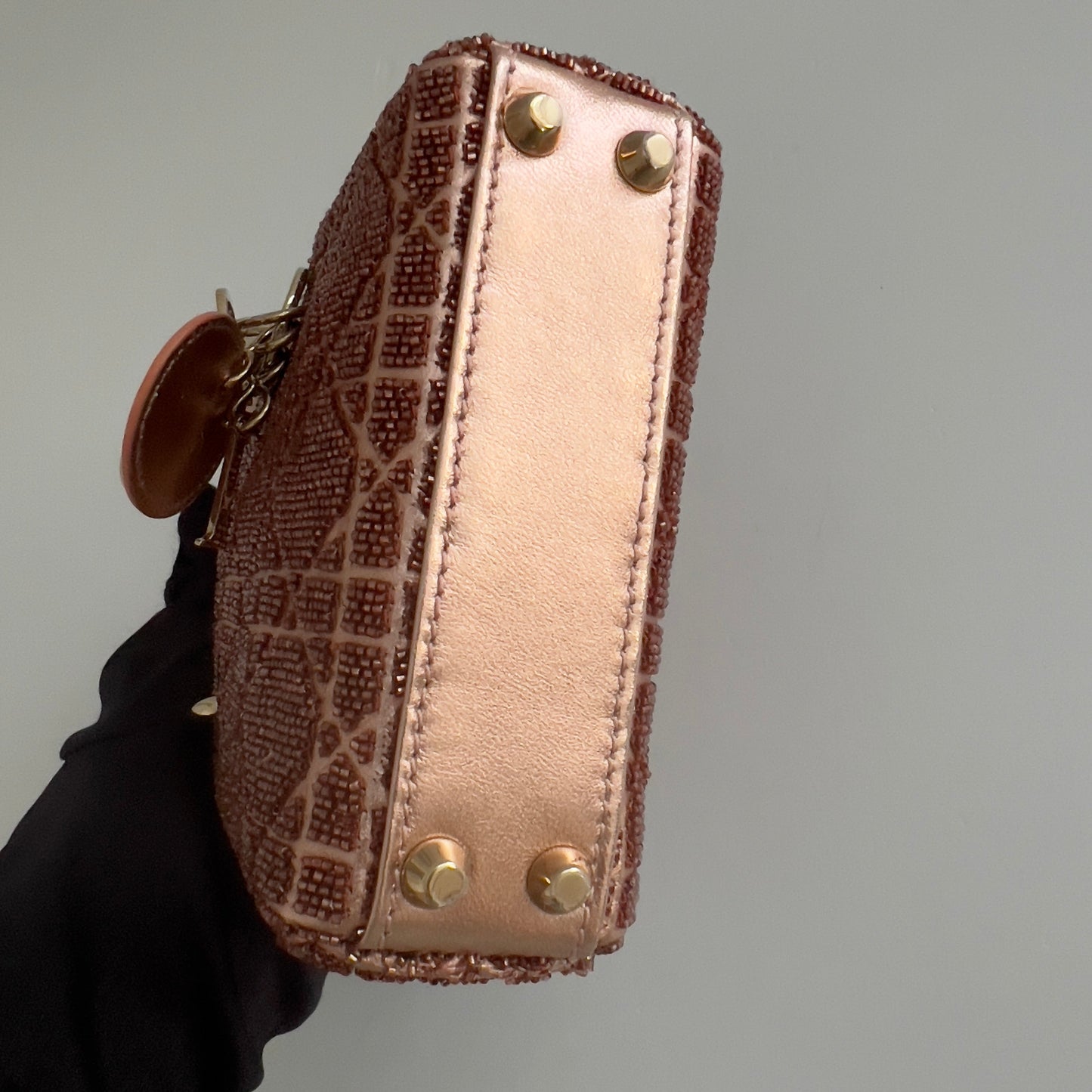 Dior Metallic Rose Beaded Cannage Micro Ladydior bag
