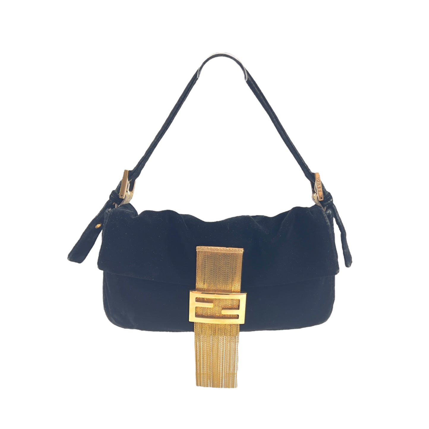 Fendi Black Velvet Gold Tassel Baguette