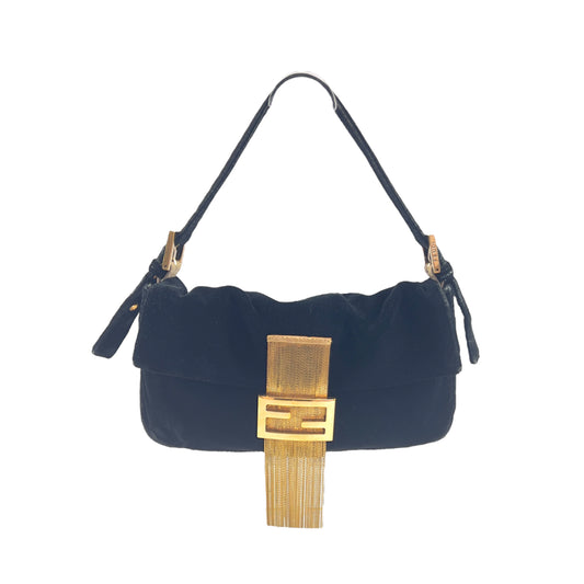 Fendi Black Velvet Gold Tassel Baguette