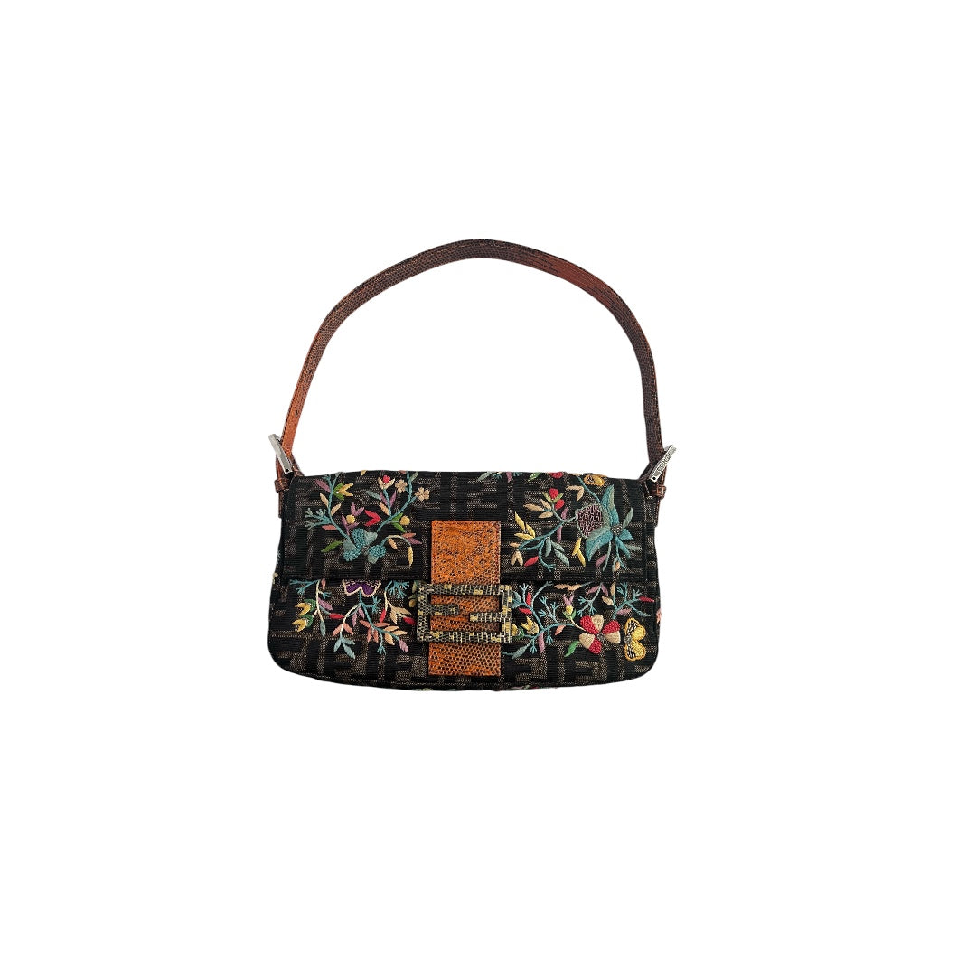 Vintage Fendi embroidered lizard skin trimmed zucca baguette