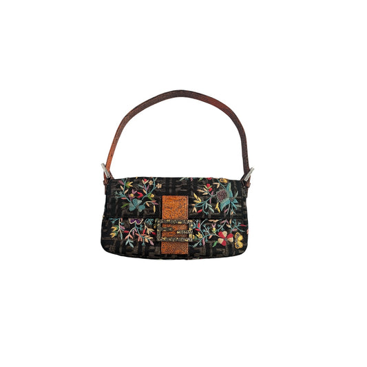 Vintage Fendi embroidered lizard skin trimmed zucca baguette
