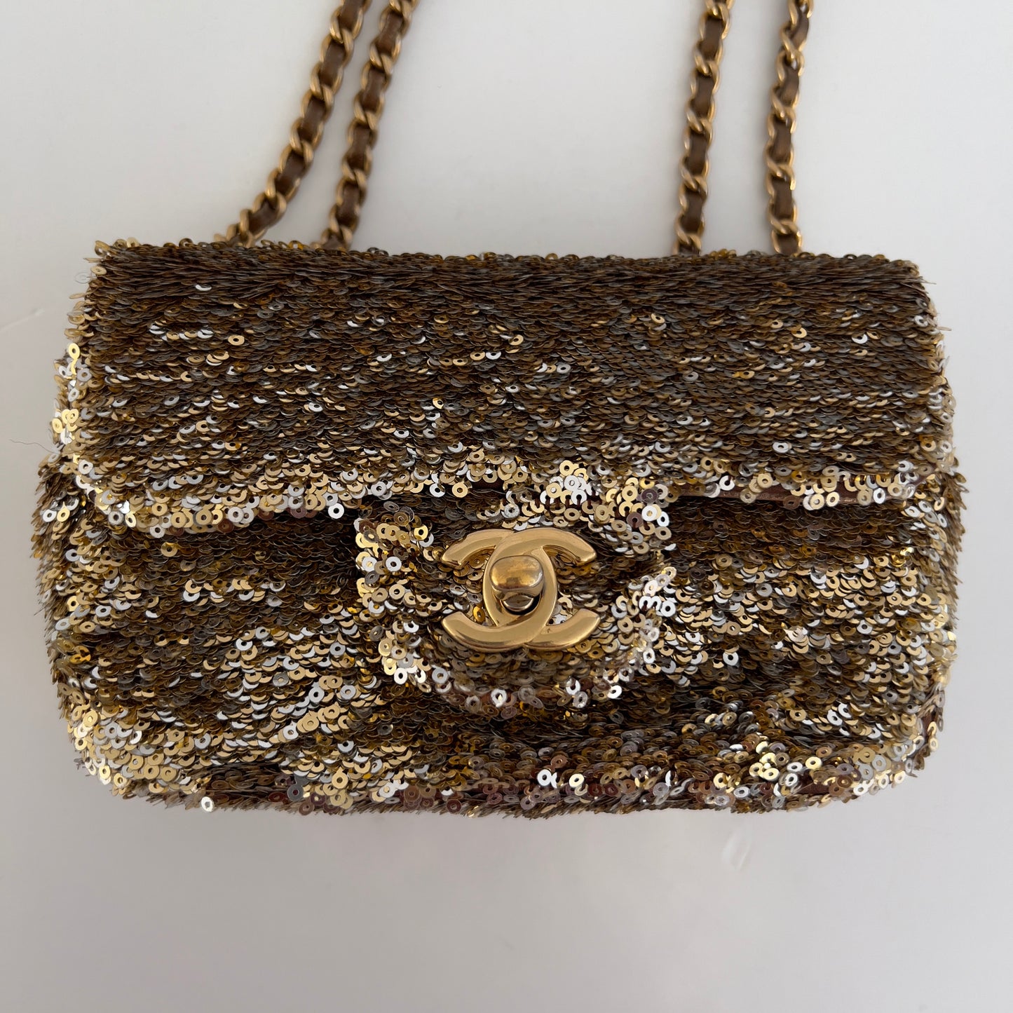Chanel Mini Rectangle Gold& Silver Sequin Flap Bag