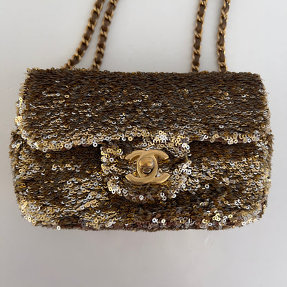 Chanel Mini Rectangle Gold& Silver Sequin Flap Bag