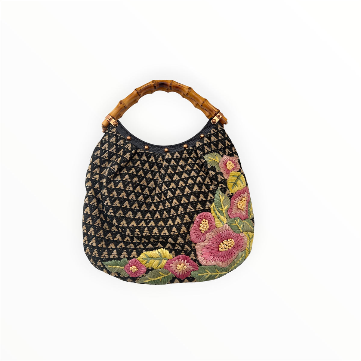 Vintage Gucci Small Bamboo Handle Floral Raffia Embroidered Hobo Bag