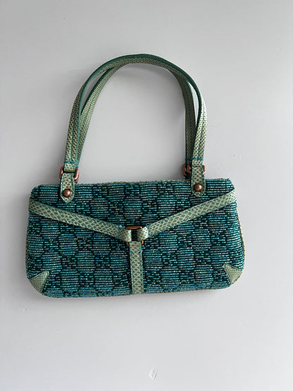 Gucci Turquoise GG Nonogram Crystals beaded lizard skin bag