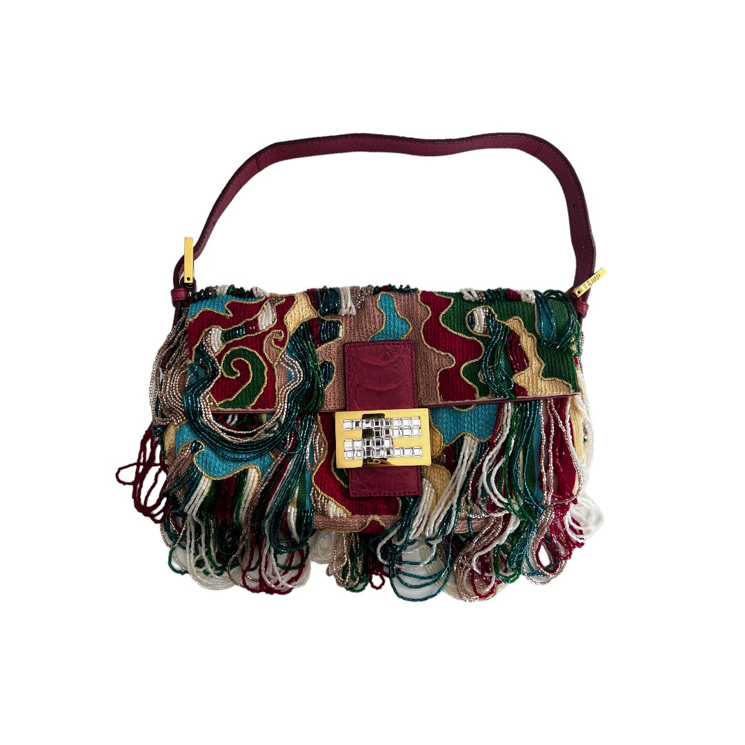 FENDI MULTICOLOR BEADED WAVE PRINT FRINGE BAGUETTE