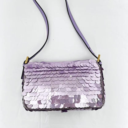 Fendi baguette mini purple sequin gold hardware shoulder bag