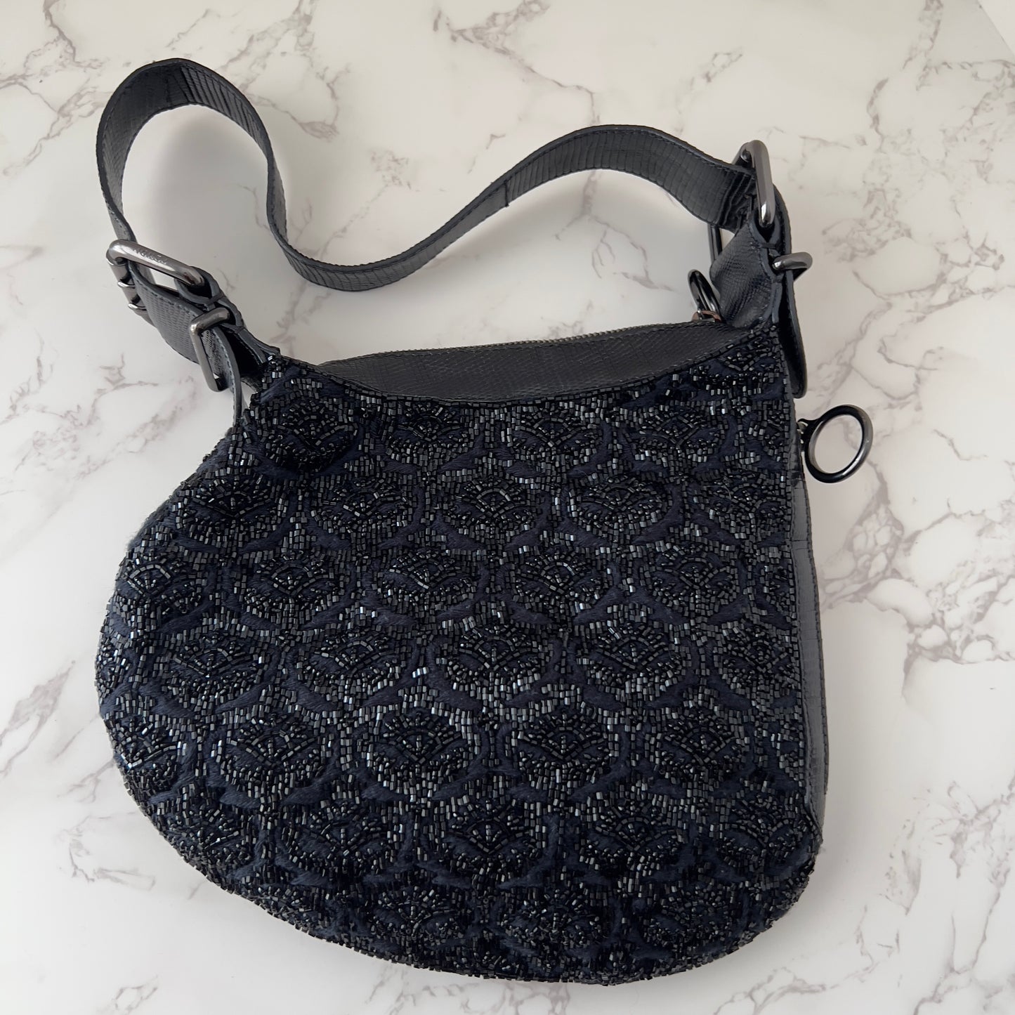 Vintage Fendi Black Rose Lizard trimmed Embellished Oyster Bag