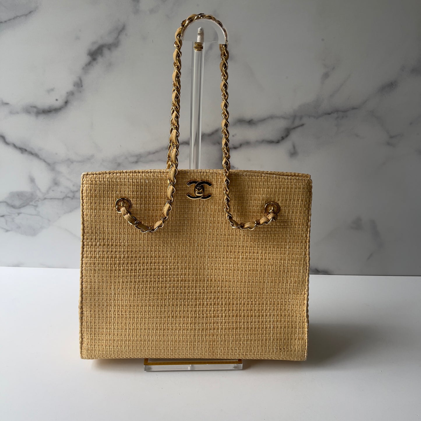 Vintage Chanel 90s CC Logo Chain Shoulder Bag Cream Gold Straw