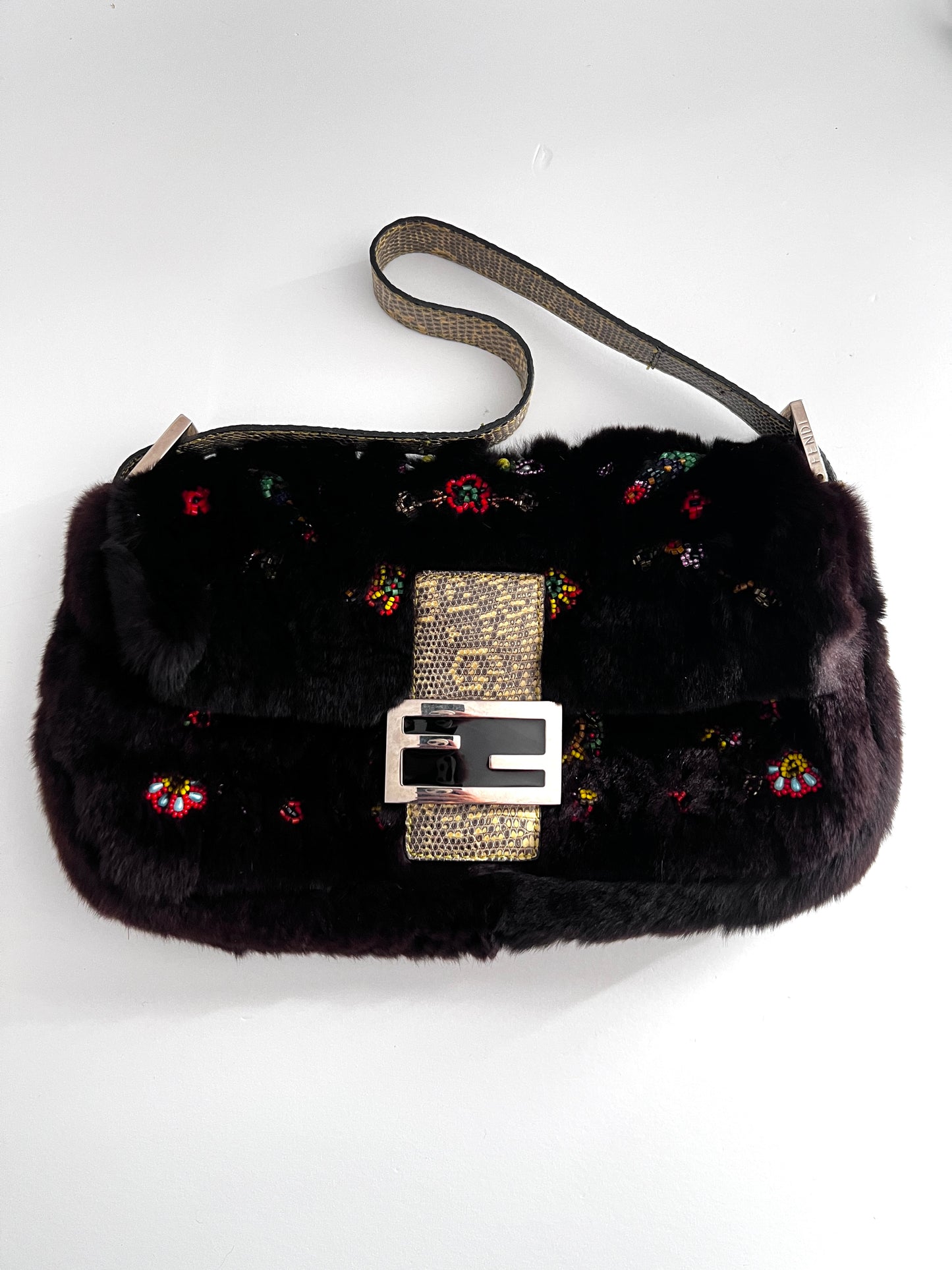 Fendi rabbit fur floral embroidery beaded baguette