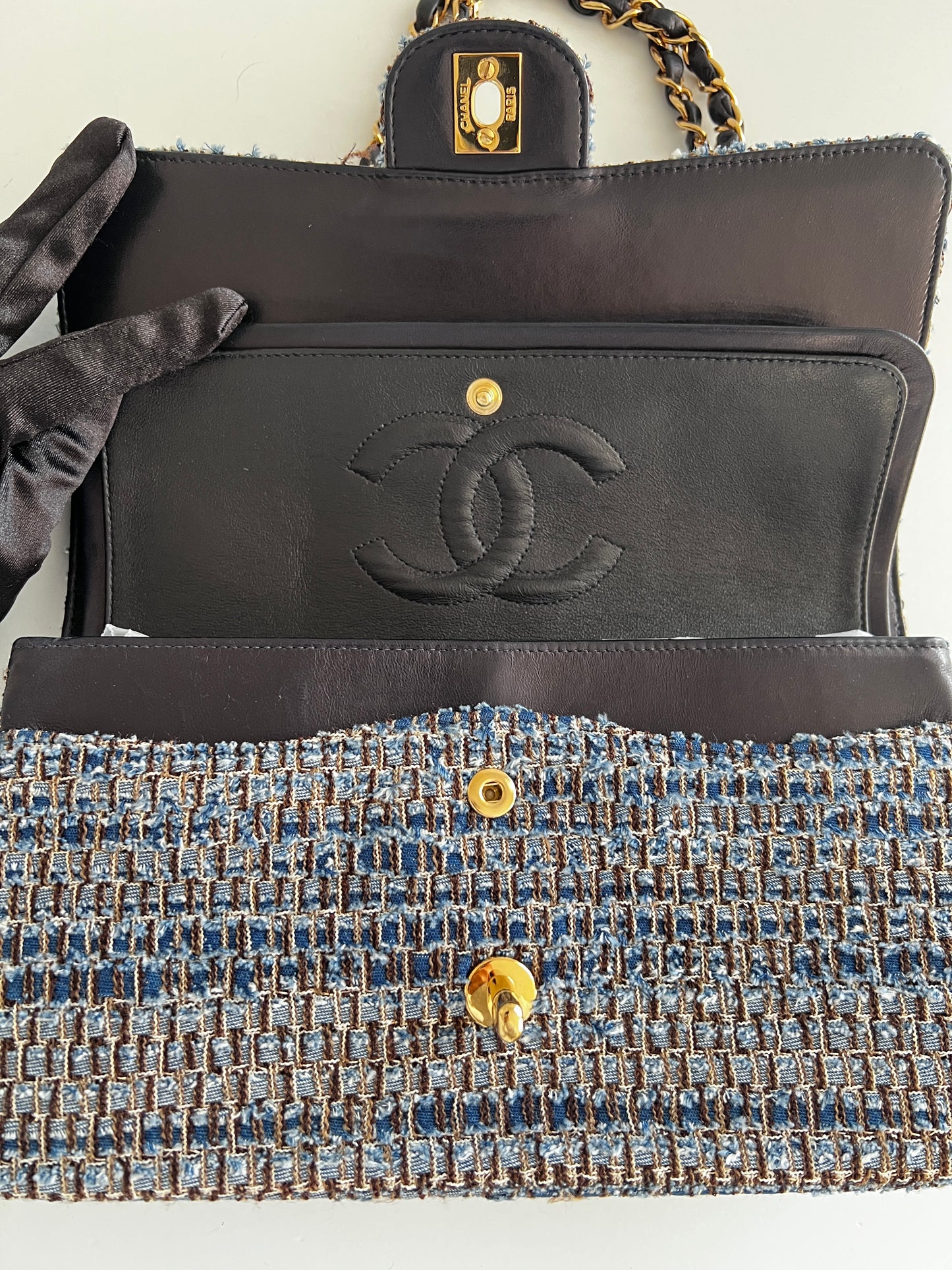 Chanel medium size blue tweed double flap bag