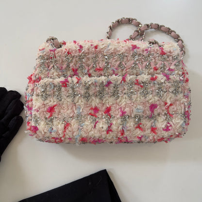 CHANEL Tweed Quilted Mini Rectangular Flap Light Pink Silver