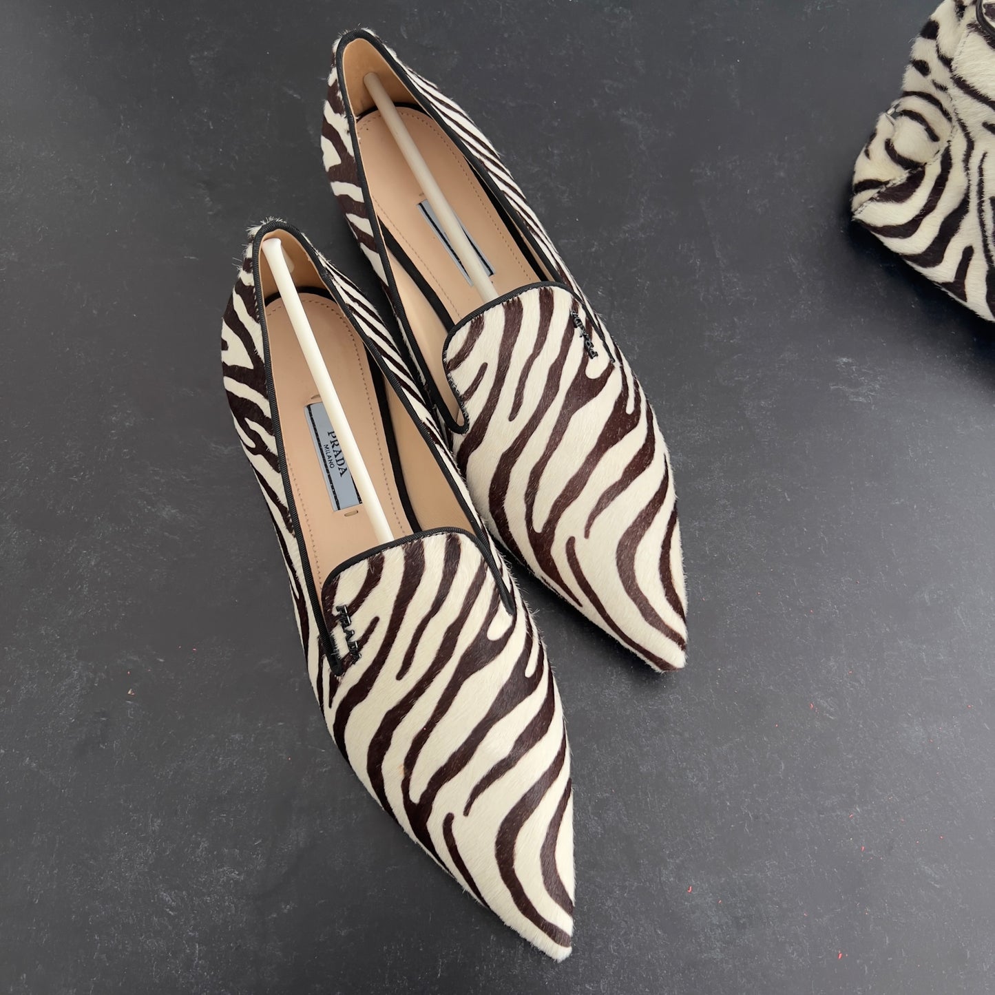 Prada Zebra Print Pony Hair Flap Shoes Size 8