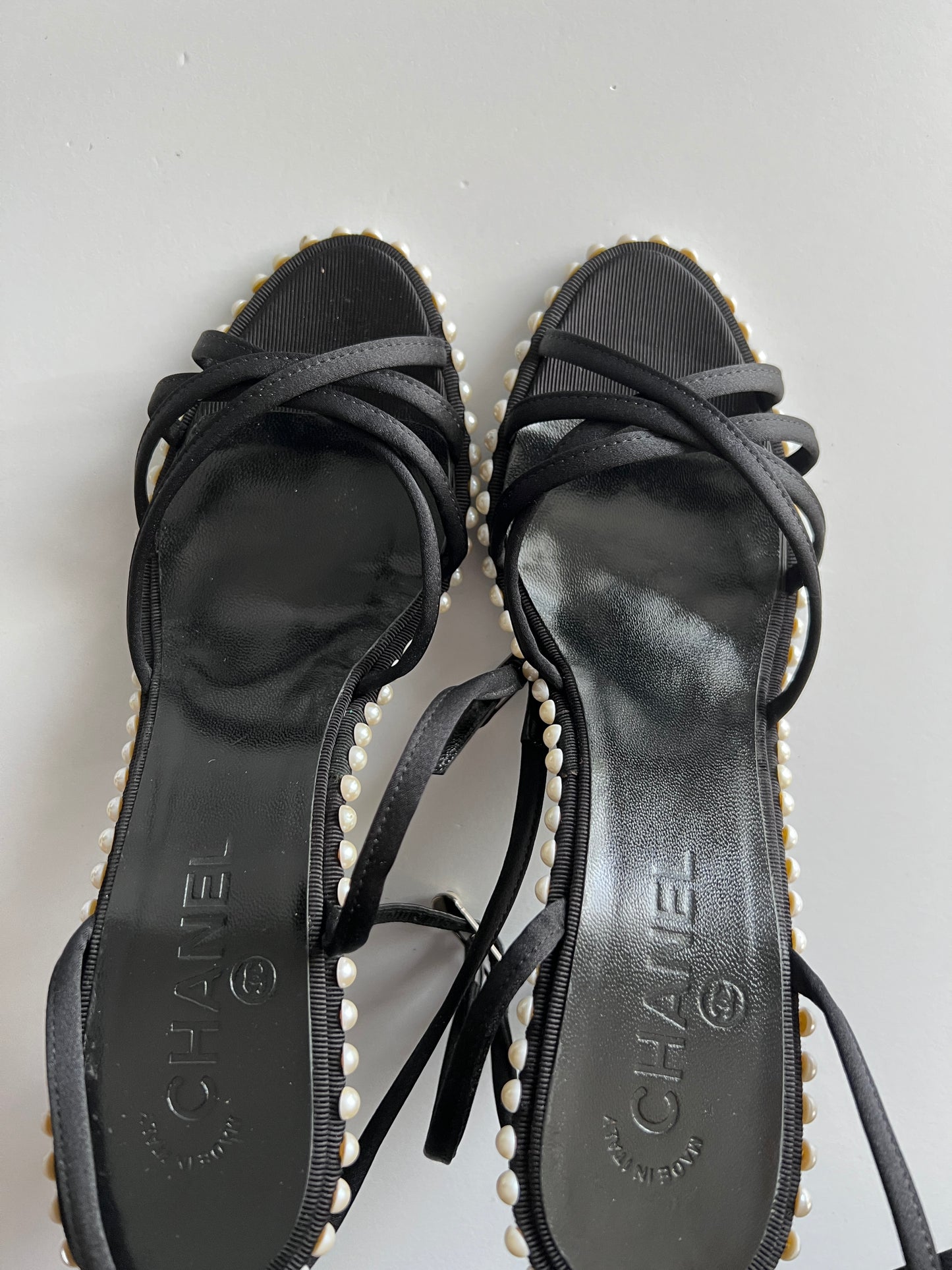 Chanel black satin pearl embellished ankle wrap heels