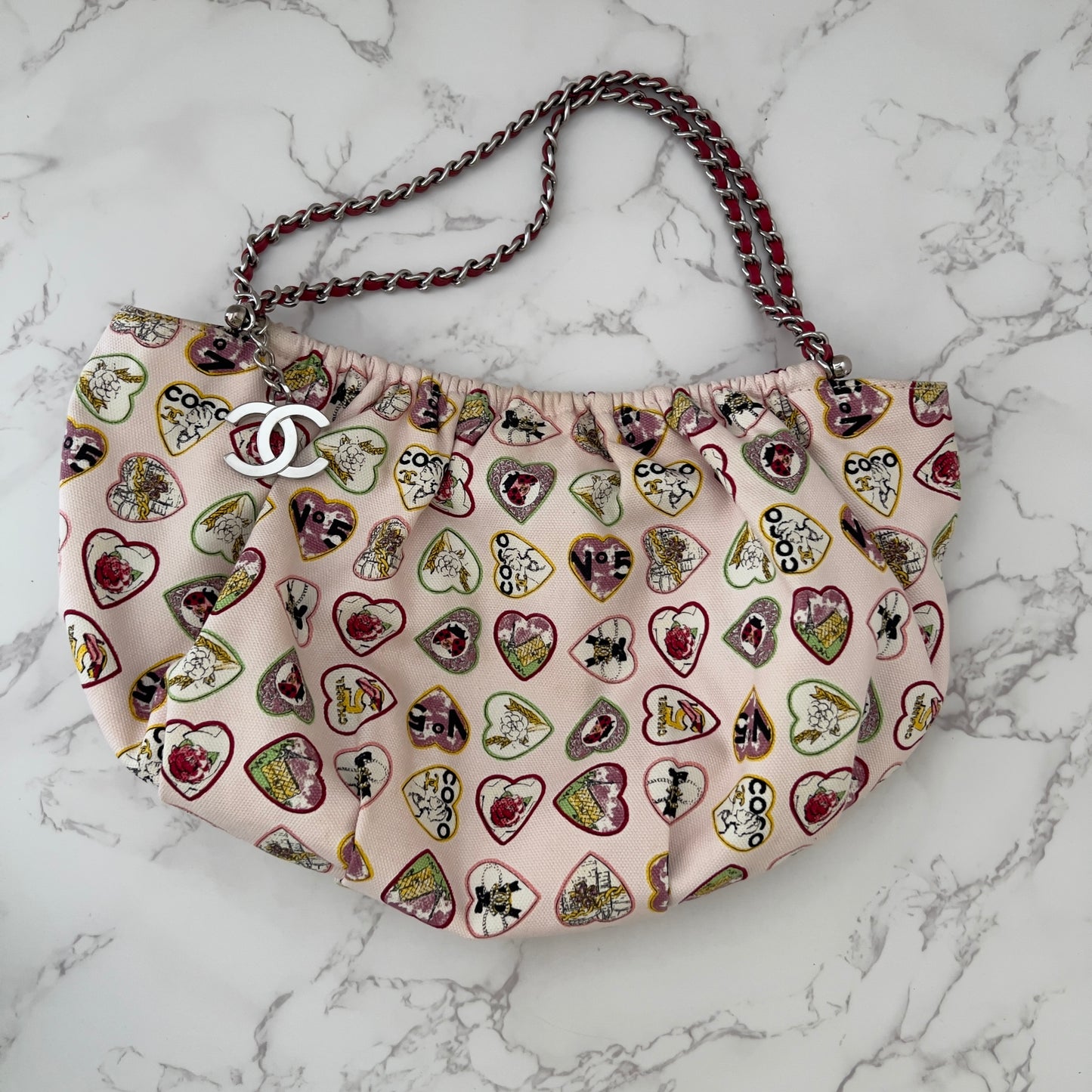 CHANEL Canvas Coco Hearts Shoulder Bag Pink