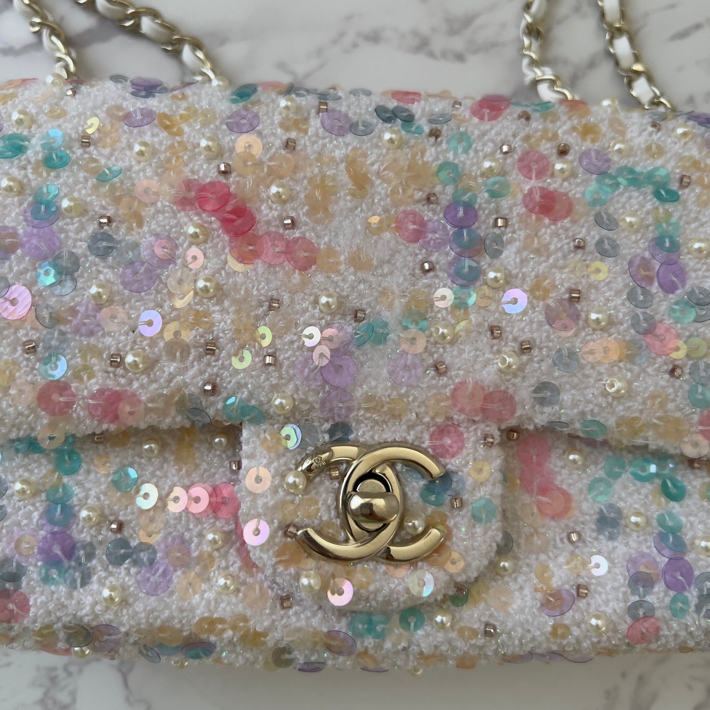 Chanel 2026 limited edition colorful sequin pearls mini rectangular flap bag