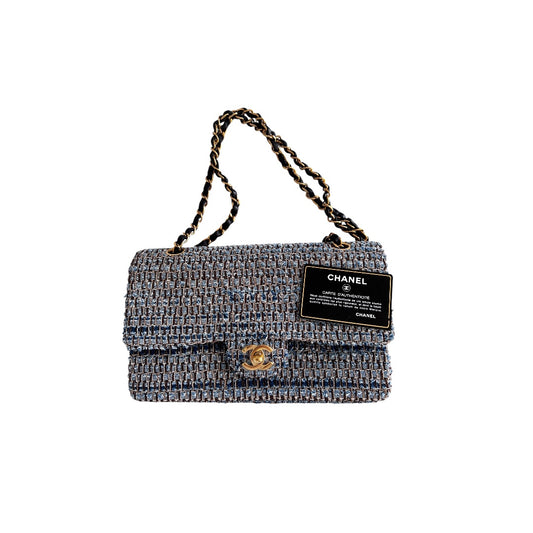 Chanel medium size blue tweed double flap bag