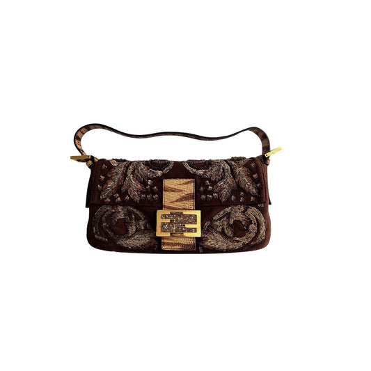 Fendi embroidered brown suede baguette